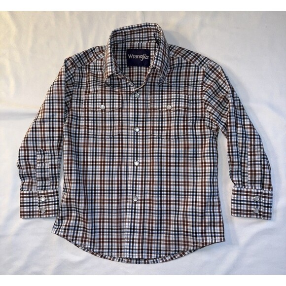 Wrangler Boys Long Sleeve Button Up Pearl Snap, Retro, Size XXS, Brown And White - Picture 1 of 4